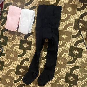 Girls 3-Pack Stretch Tights – Size S (74–86 cm) – Black / White / Pink – NWOT